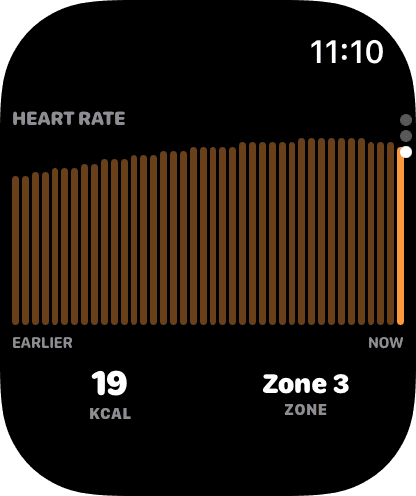 Amble live heart-rate trend chart, calories, and zone on Apple Watch
